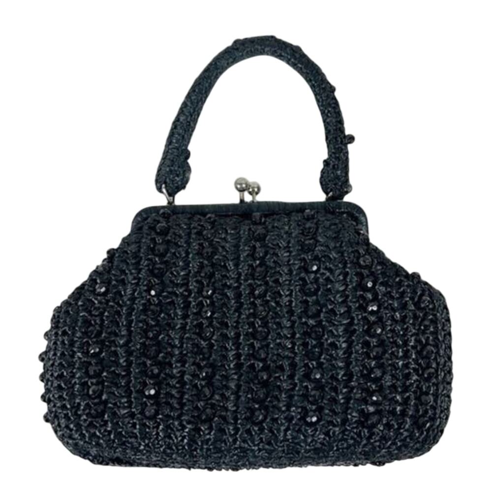 Vintage Marcus Brothers Handbag Black Beaded Crochet Top Handle Evening 50s Glam
